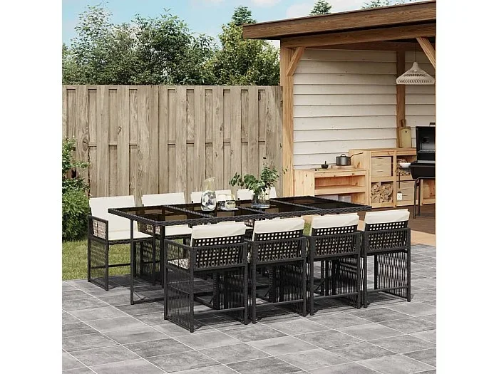 Set de comedor de jardín 9 piezas y cojines ratán sintético negro