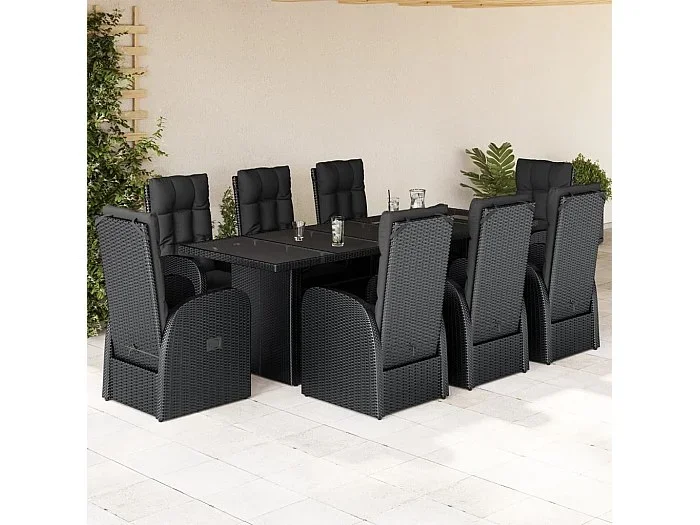 Set de comedor de jardín 9 piezas y cojines ratán sintético negro