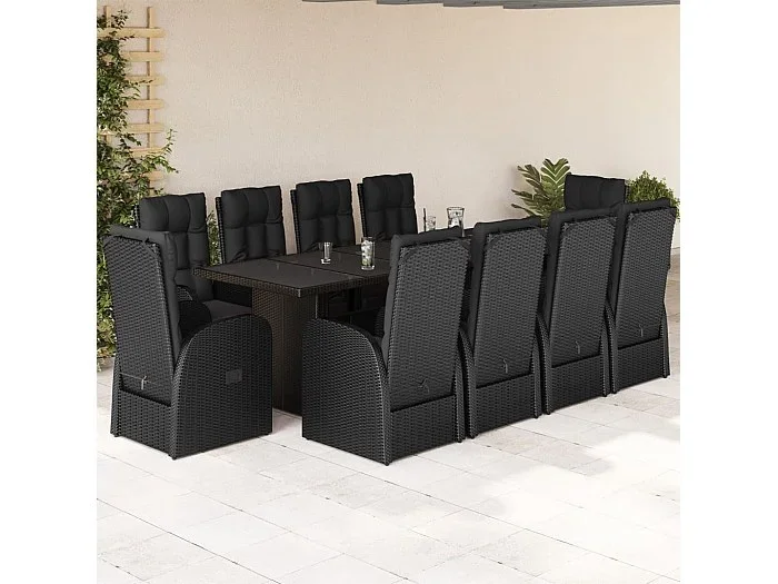 Set de comedor jardín 11 piezas con cojines ratán sintético negro