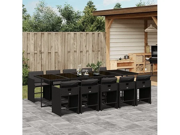 Set de comedor jardín 11 piezas con cojines ratán sintético negro
