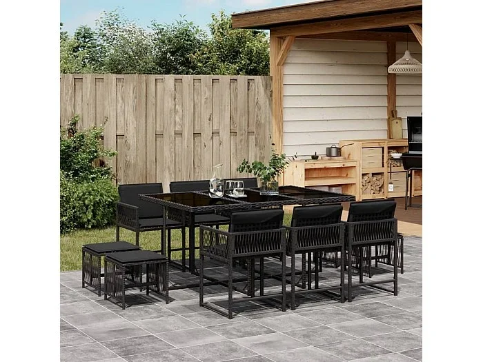 Set de comedor jardín 11 piezas con cojines ratán sintético negro