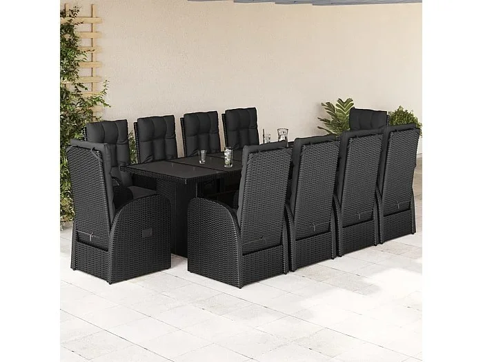 Set de comedor jardín 11 piezas con cojines ratán sintético negro