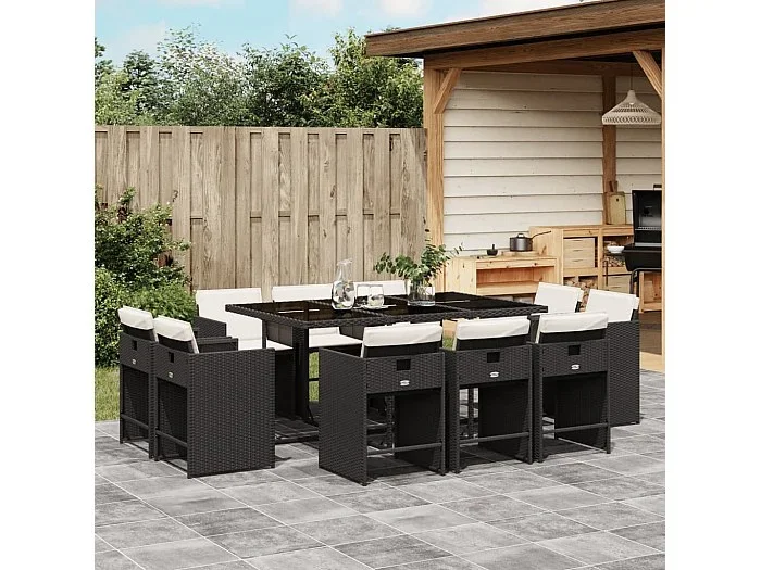 Set de comedor jardín 11 piezas con cojines ratán sintético negro