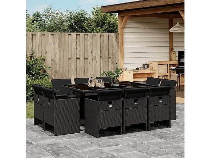 Set de comedor jardín 11 piezas con cojines ratán sintético negro