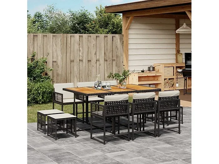 Set de comedor jardín 11 piezas con cojines ratán sintético negro