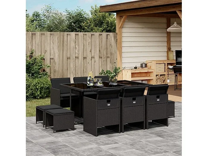 Set de comedor jardín 11 piezas con cojines ratán sintético negro