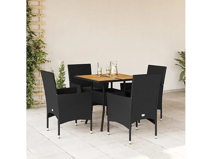 Set de comedor jardín 5 piezas con cojines ratán PE acacia negro