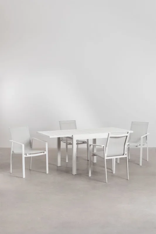 Set de Mesa Extensible Rectangular en Aluminio (90-180×90 cm) Starmi y 4 Sillas de Exterior Eika Blanco Gardenia – SKLUM