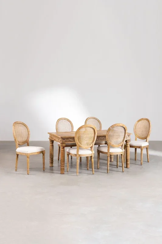 Set de Mesa Rectangular en Madera de Mango (160×90 cm) Taraz y 6 Sillas de Comedor en Tela Sunna Marrón Madera Natural – SKLUM