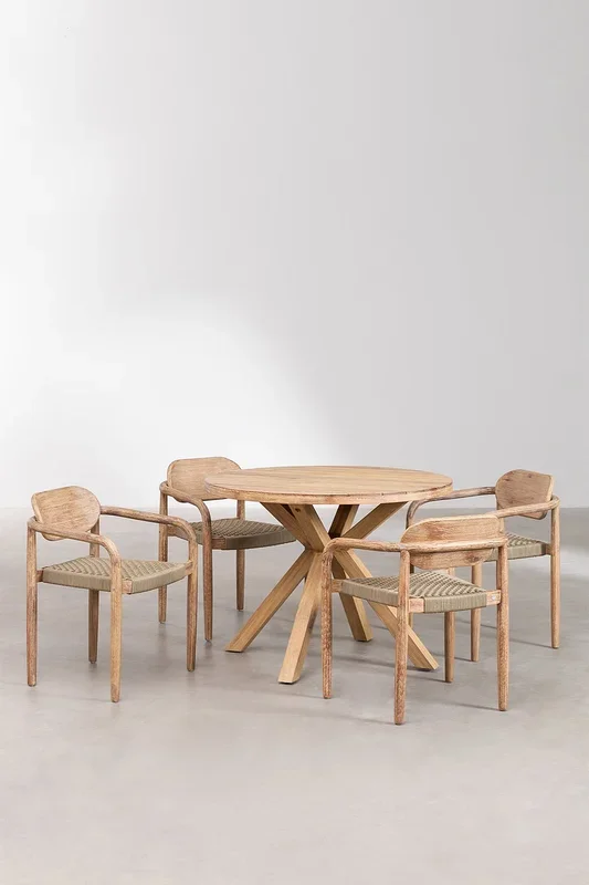Set de Mesa Redonda (Ø100 cm) y 4 Sillas de Comedor con Reposabrazos en Madera Naele Marrón Trigo – SKLUM