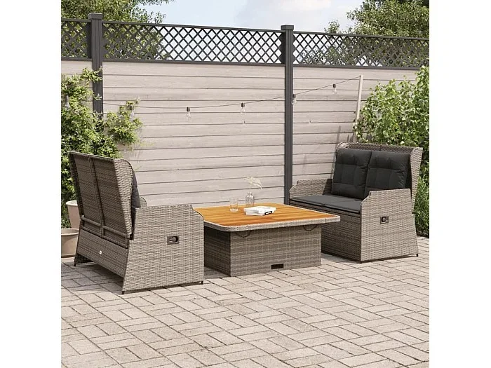 Set de muebles de jardín 3 piezas y cojines ratán sintético gris
