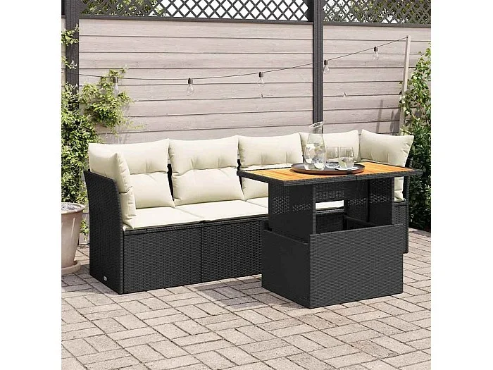 Set de muebles de jardín 5 piezas y cojines ratán sintético negro