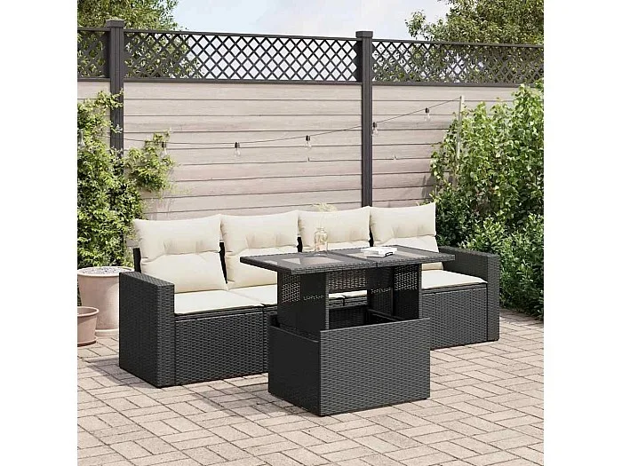 Set de muebles de jardín 5 piezas y cojines ratán sintético negro