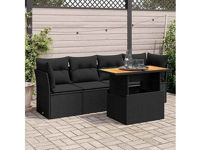 Set de muebles de jardín 5 piezas y cojines ratán sintético negro