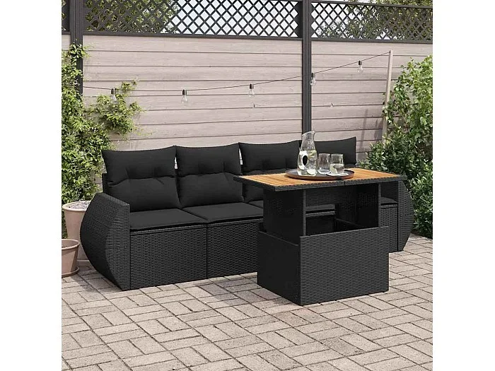 Set de muebles de jardín 5 piezas y cojines ratán sintético negro