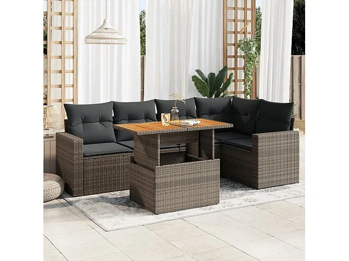 Set de muebles de jardín 6 piezas y cojines ratán sintético gris