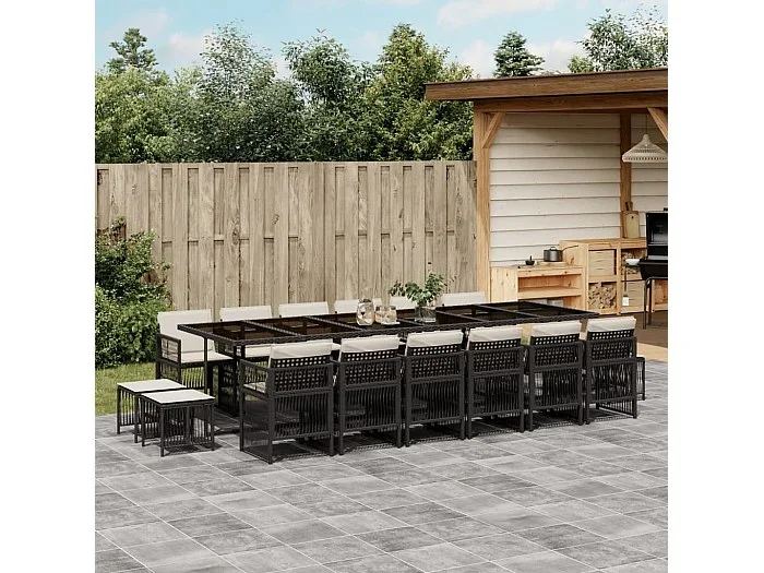 Set de muebles jardín 17 piezas con cojines ratán sintético negro