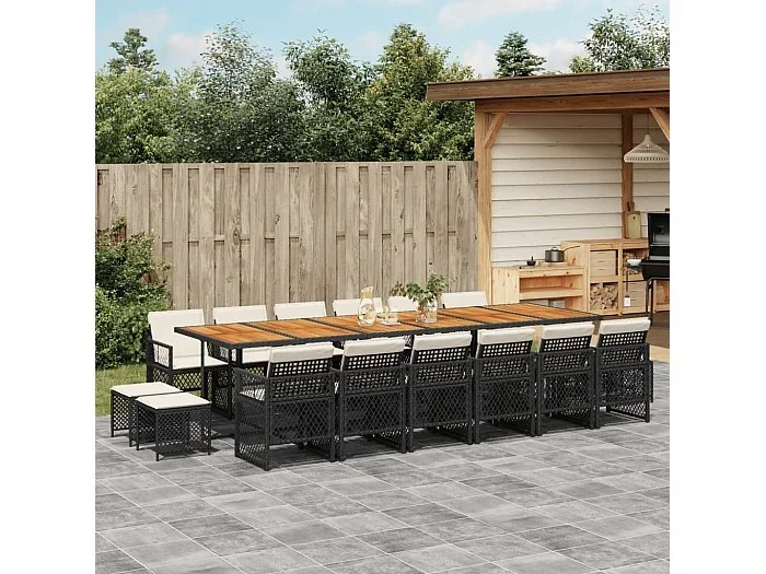 Set de muebles jardín 17 piezas con cojines ratán sintético negro