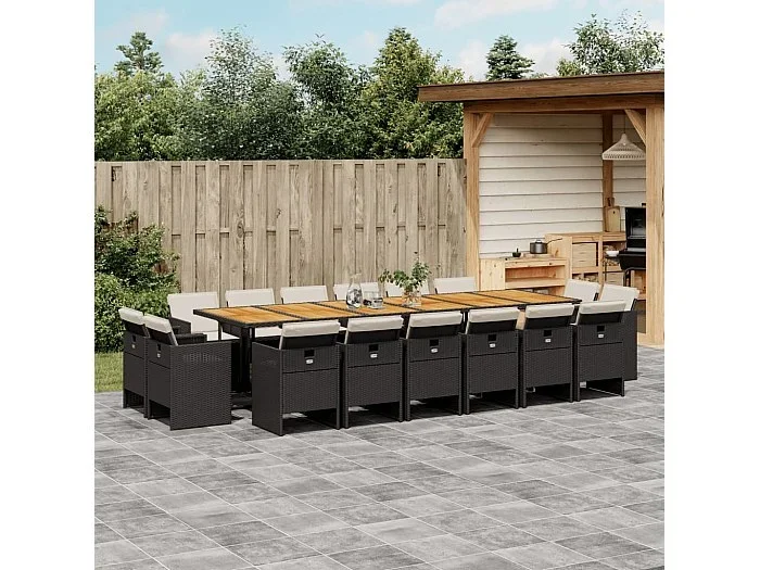 Set de muebles jardín 17 piezas con cojines ratán sintético negro