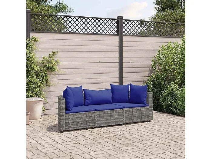 Set de sofá de jardín 3 piezas y cojines ratán sintético gris