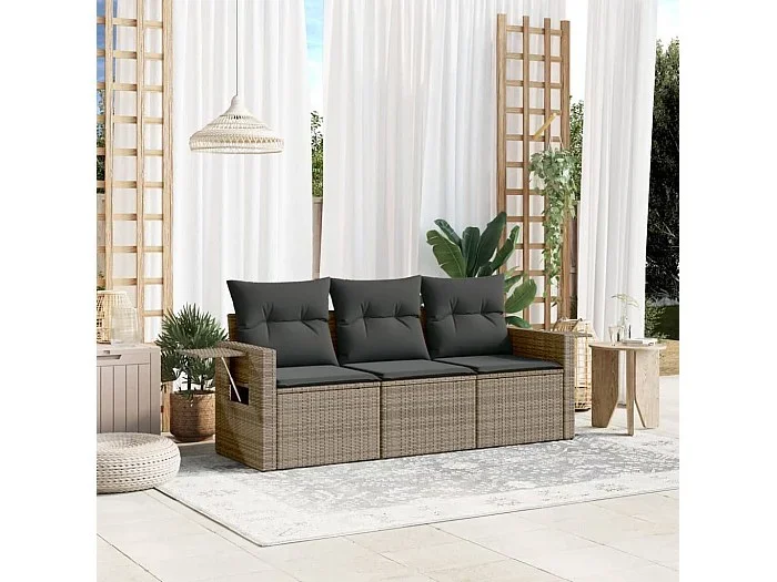Set de sofá de jardín 3 pzas y cojines ratán sintético gris ES174245