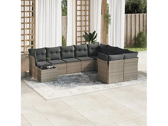 Set de sofás de jardín 10 piezas con cojines ratán sintético gris