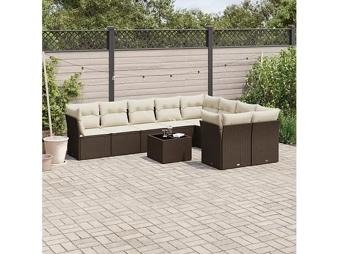 Set de sofás de jardín 10 piezas y cojines ratán sintético marrón