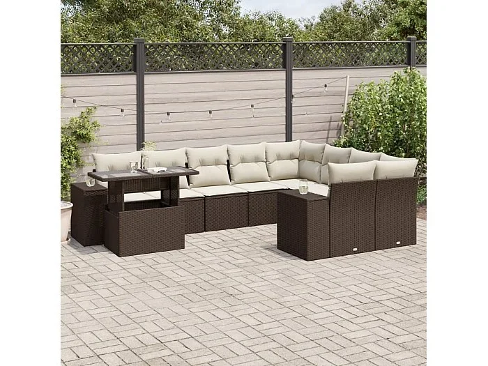 Set de sofás de jardín 10 piezas y cojines ratán sintético marrón