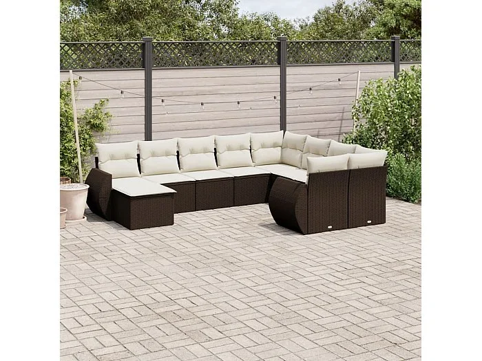 Set de sofás de jardín 10 piezas y cojines ratán sintético marrón