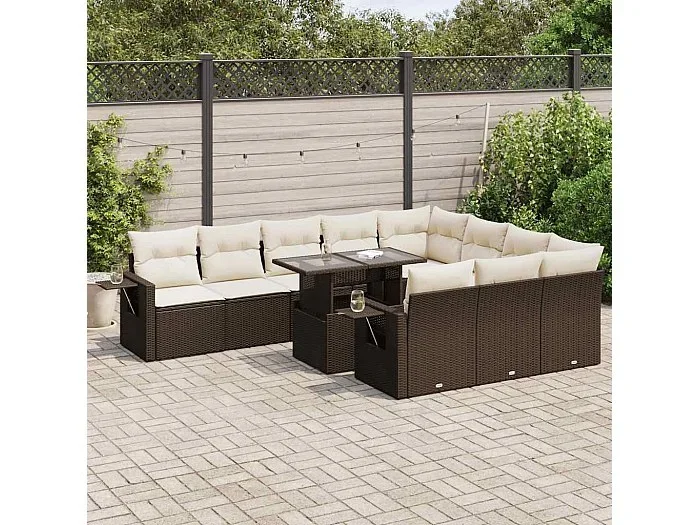 Set de sofás de jardín 11 piezas cojines ratán sintético marrón