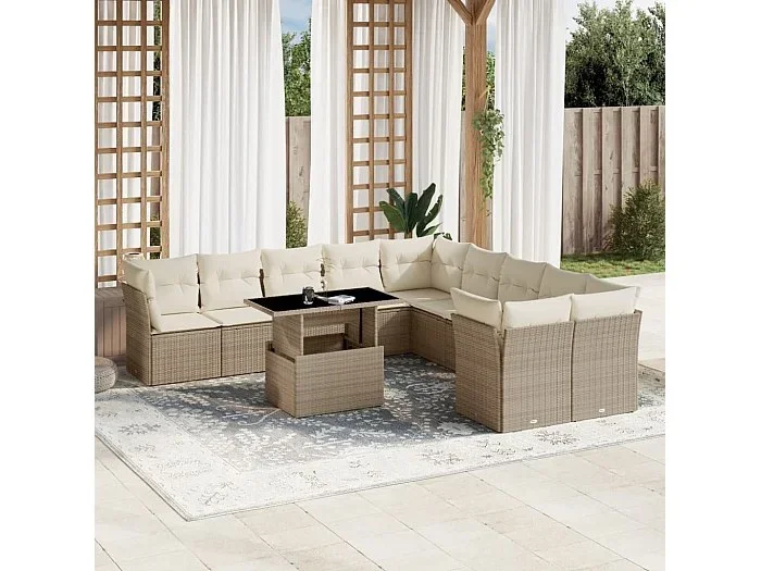 Set de sofás de jardín 11 piezas con cojines ratán sintético beige