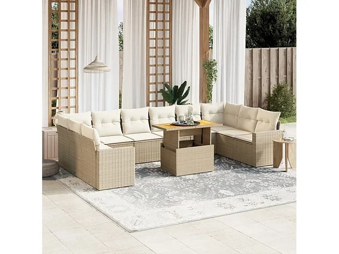 Set de sofás de jardín 11 piezas con cojines ratán sintético beige