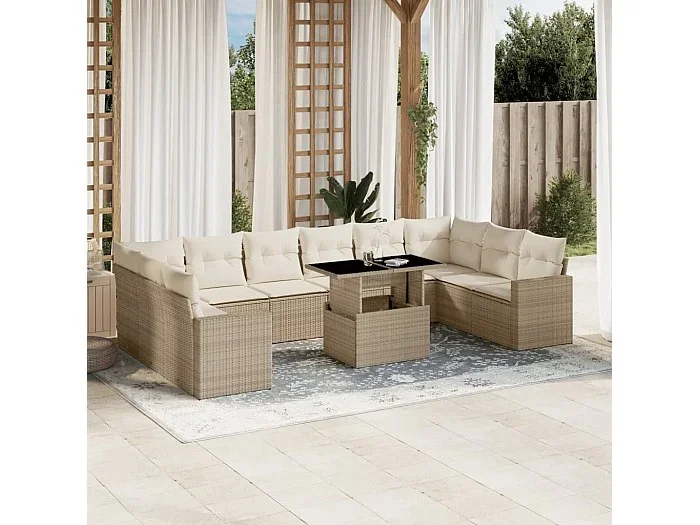 Set de sofás de jardín 11 piezas con cojines ratán sintético beige