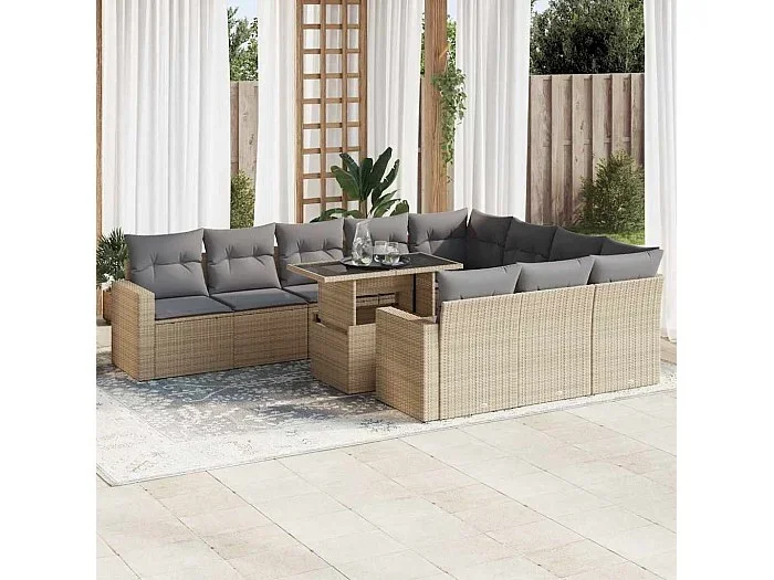Set de sofás de jardín 11 piezas con cojines ratán sintético beige