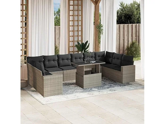 Set de sofás de jardín 11 piezas y cojines ratán sintético gris