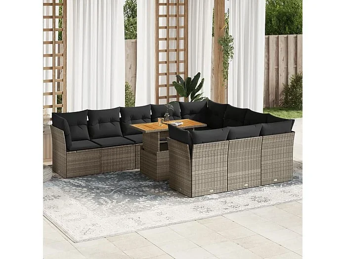 Set de sofás de jardín 11 piezas y cojines ratán sintético gris