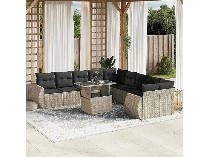 Set de sofás de jardín 11 piezas y cojines ratán sintético gris