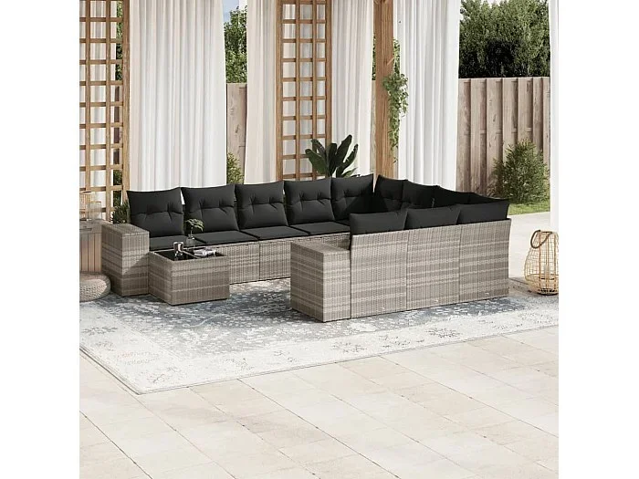 Set de sofás de jardín 11 piezas y cojines ratán sintético gris