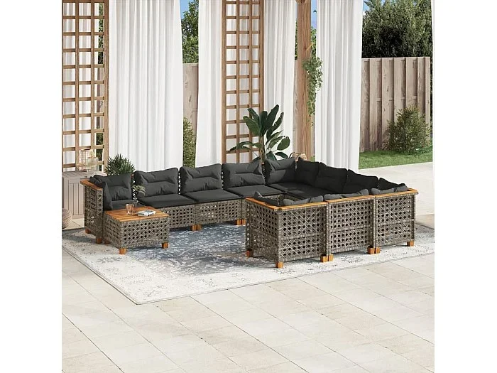 Set de sofás de jardín 11 piezas y cojines ratán sintético gris