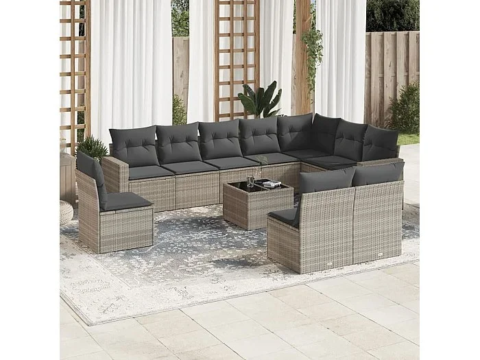 Set de sofás de jardín 11 piezas y cojines ratán sintético gris