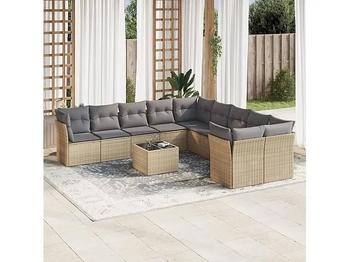Set de sofás de jardín 11piezas con cojines ratán sintético beige