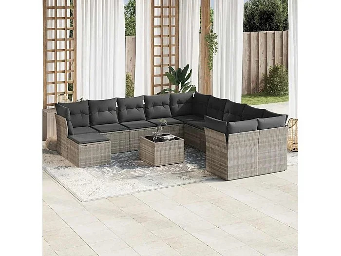 Set de sofás de jardín 12 piezas y cojines ratán sintético gris
