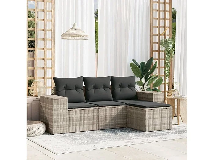 Set de sofás de jardín 4 piezas y cojines ratán sintético gris