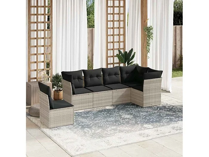 Set de sofás de jardín 6 piezas y cojines ratán sintético gris