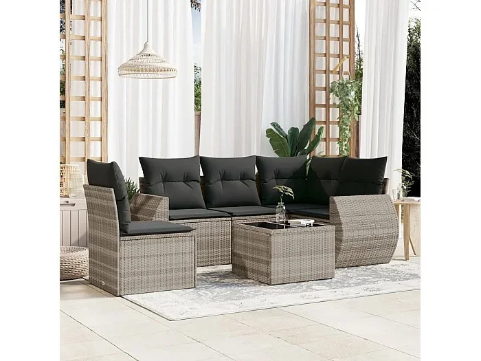 Set de sofás de jardín 6 piezas y cojines ratán sintético gris