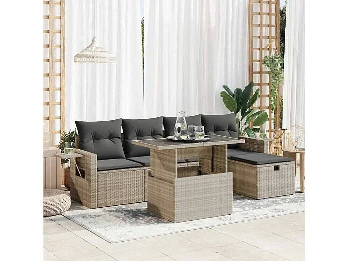 Set de sofás de jardín 6 piezas y cojines ratán sintético gris