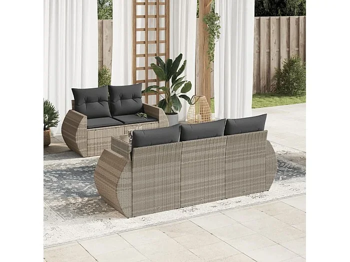 Set de sofás de jardín 6 piezas y cojines ratán sintético gris