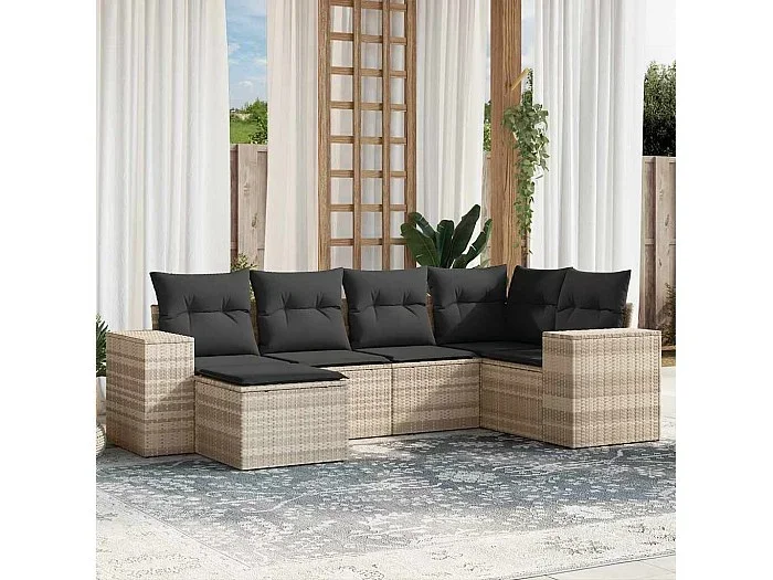 Set de sofás de jardín 6 piezas y cojines ratán sintético gris