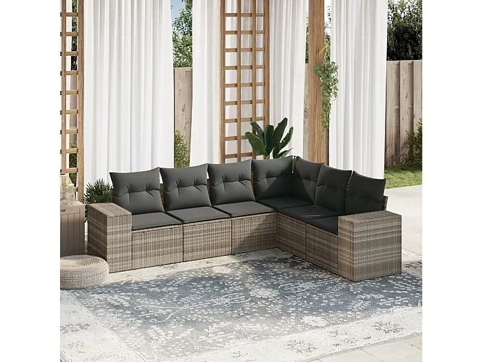 Set de sofás de jardín 6 piezas y cojines ratán sintético gris