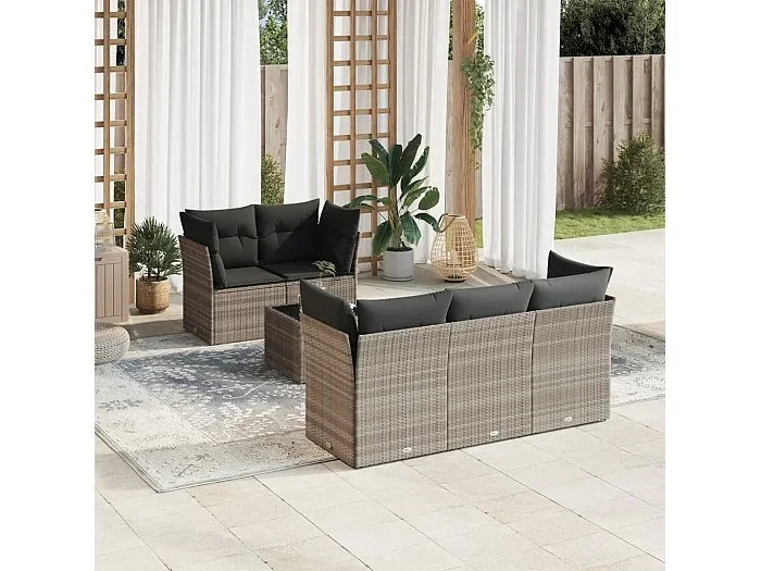 Set de sofás de jardín 6 piezas y cojines ratán sintético gris